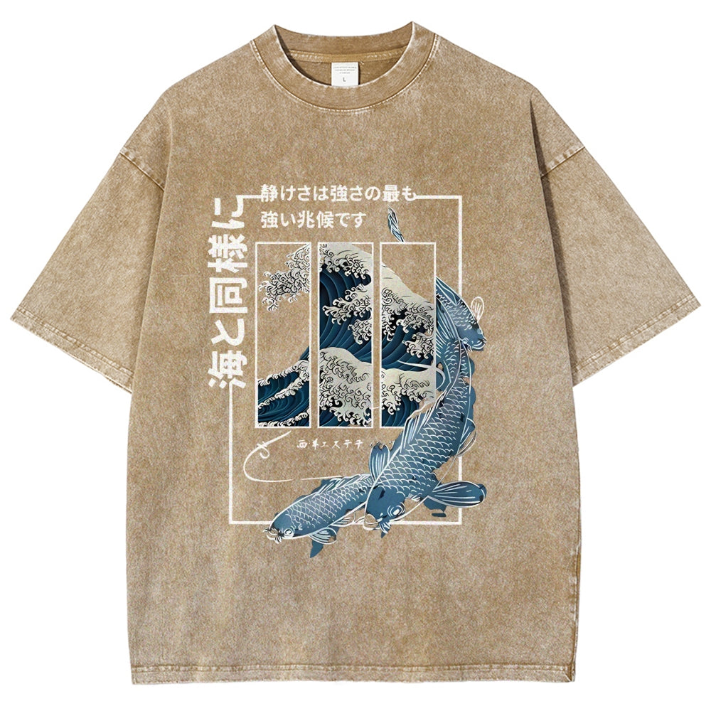 Ukiyoe Waves And Fish Washed T-Shirt