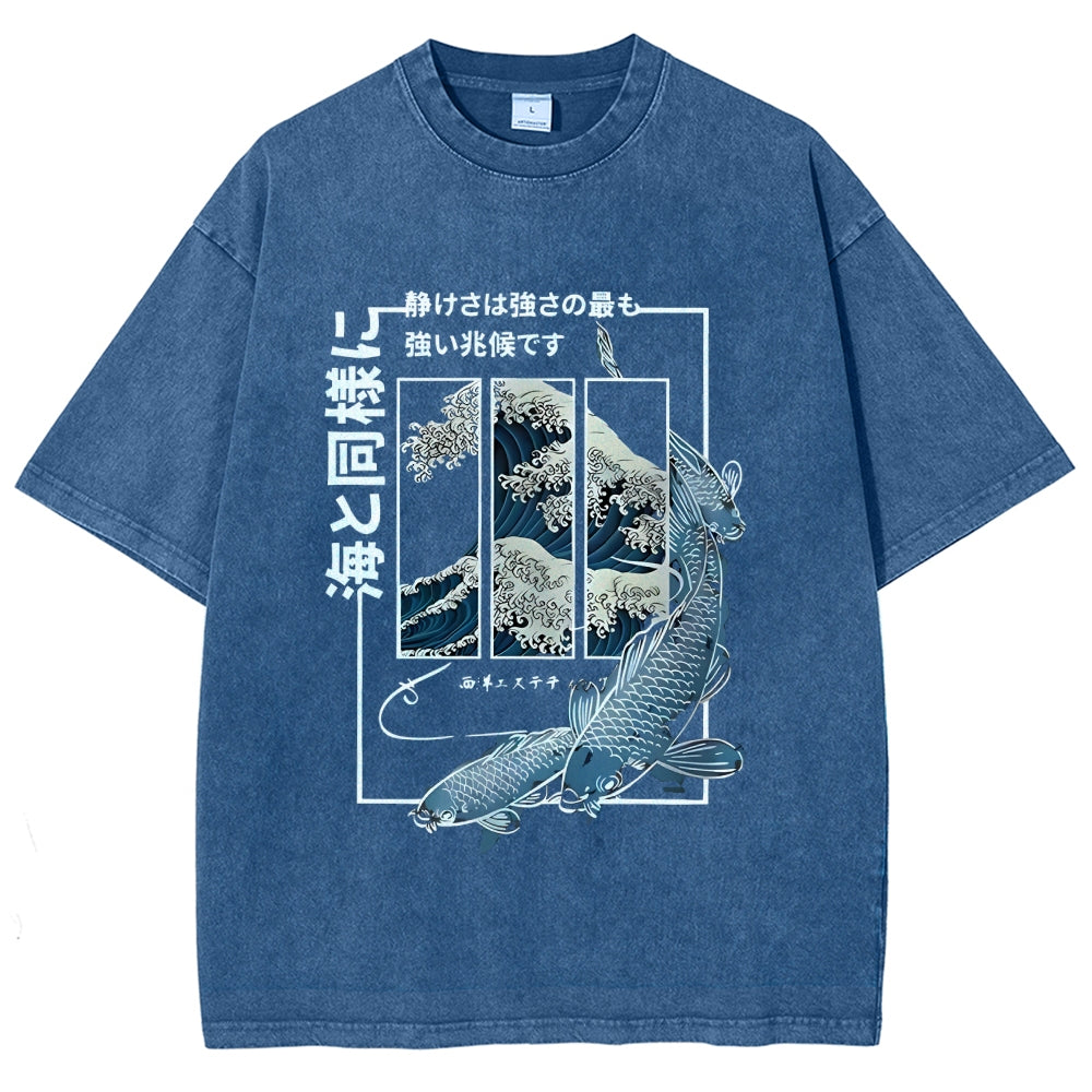 Ukiyoe Waves And Fish Washed T-Shirt