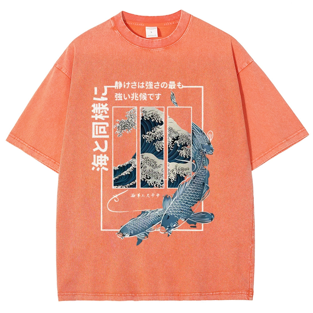 Ukiyoe Waves And Fish Washed T-Shirt