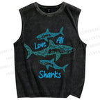 Unisex Love All Sharks Printed Washed Tank Top