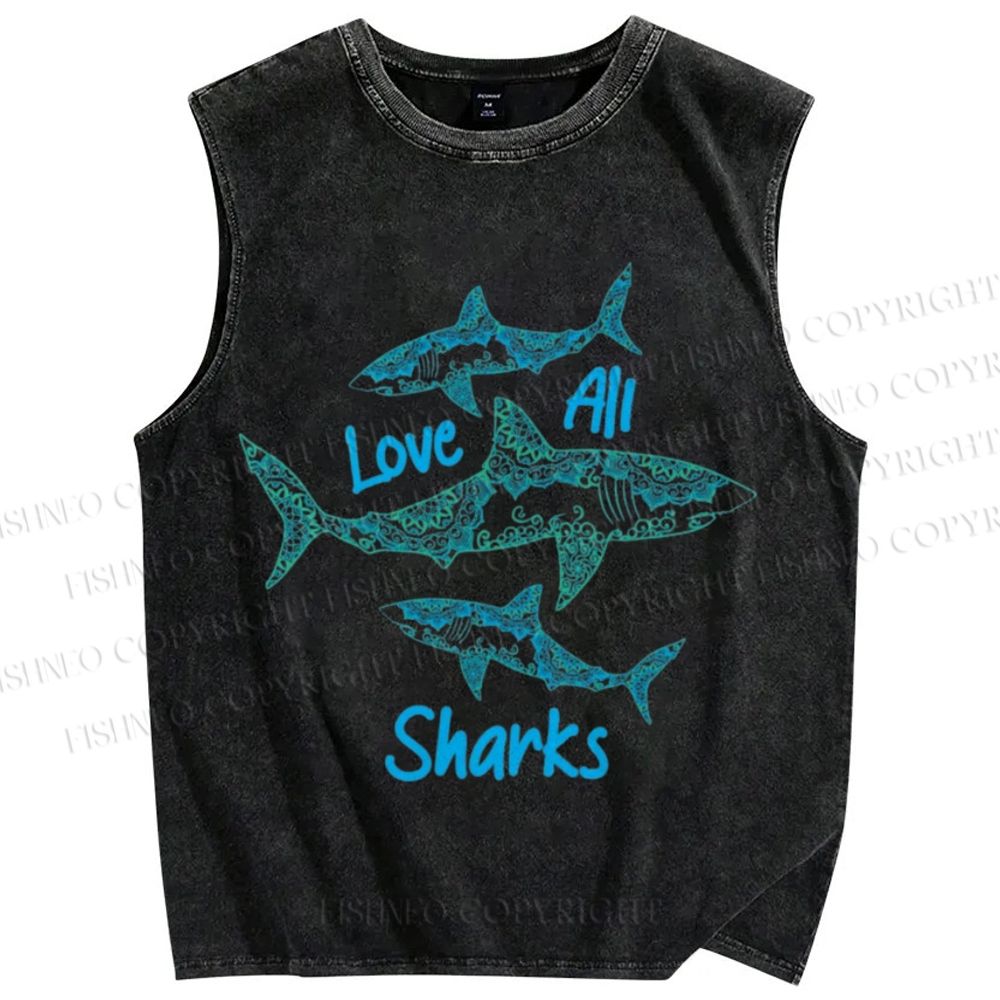 Unisex Love All Sharks Printed Washed Tank Top