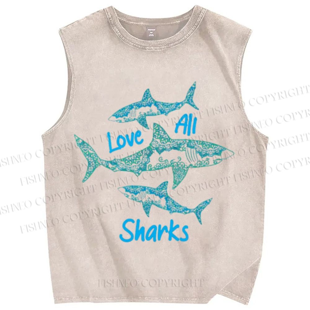 Unisex Love All Sharks Printed Washed Tank Top