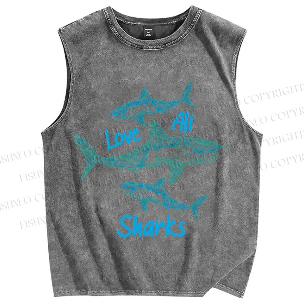 Unisex Love All Sharks Printed Washed Tank Top