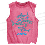 Unisex Love All Sharks Printed Washed Tank Top