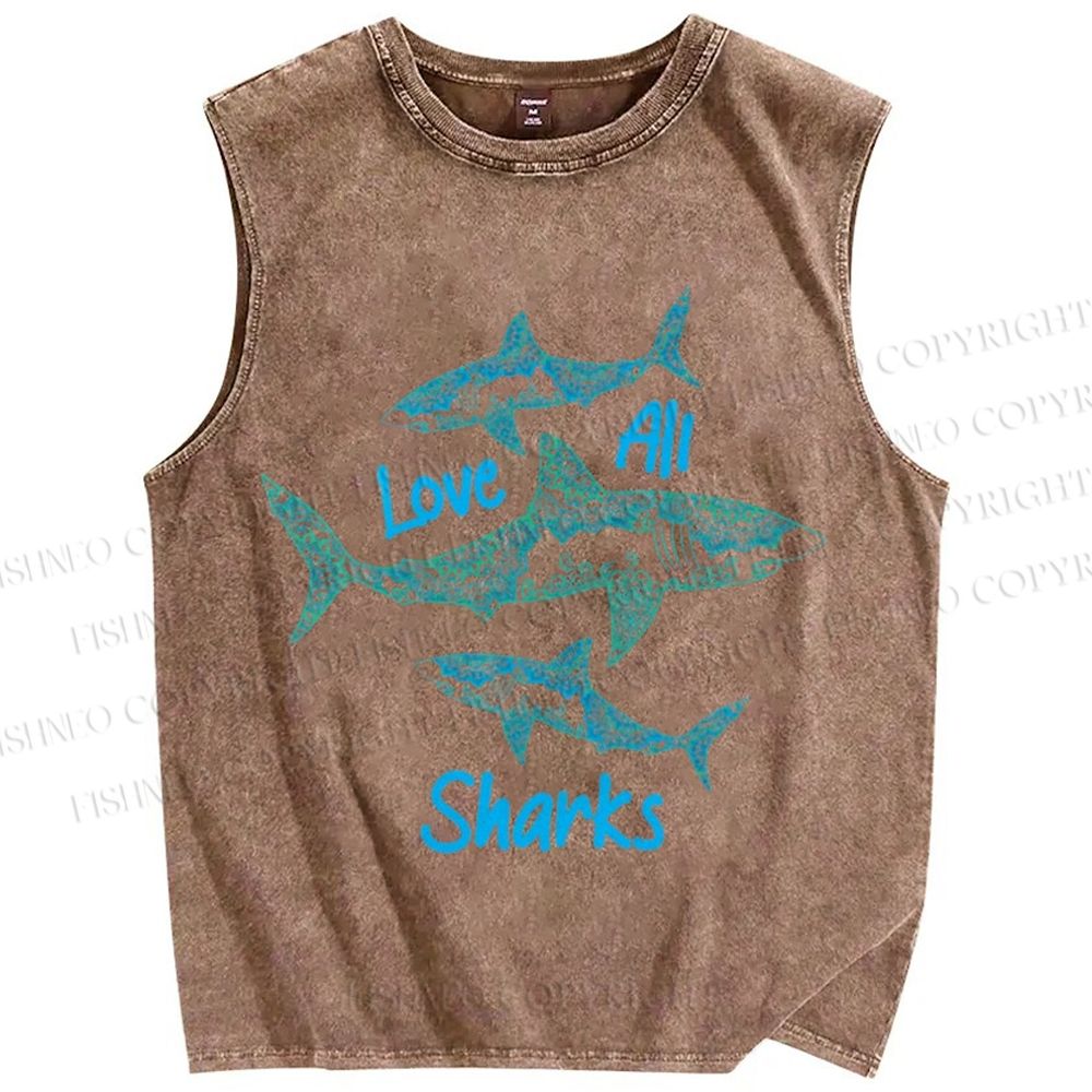 Unisex Love All Sharks Printed Washed Tank Top