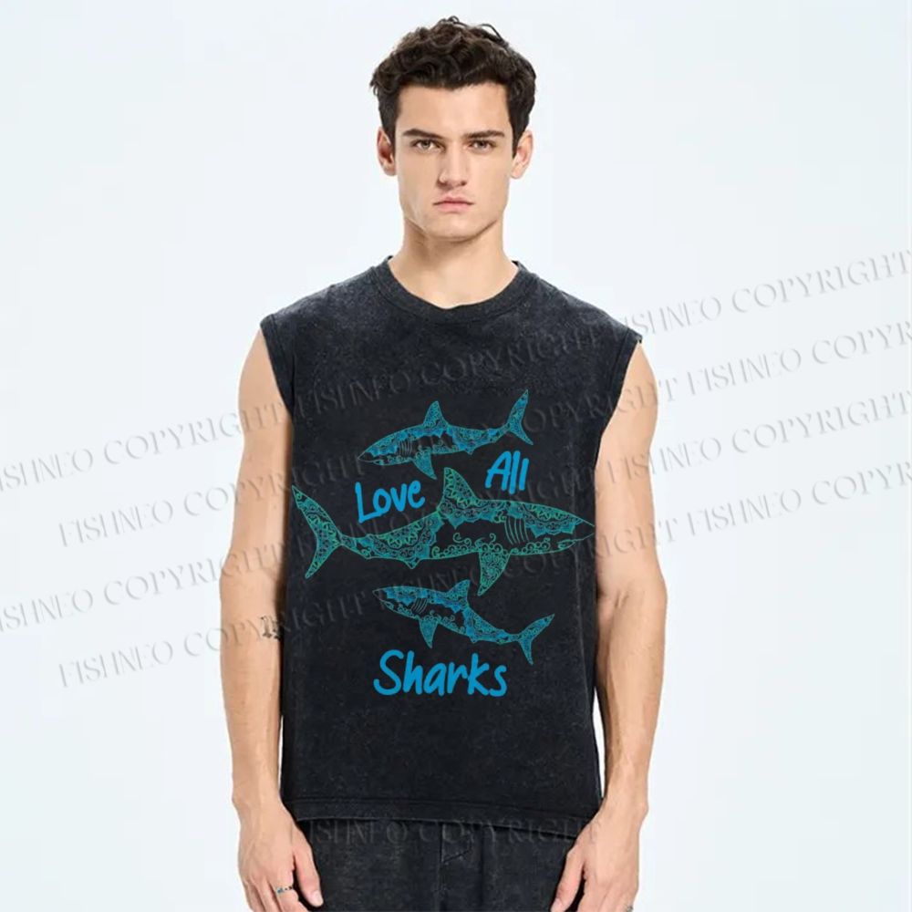 Unisex Love All Sharks Printed Washed Tank Top