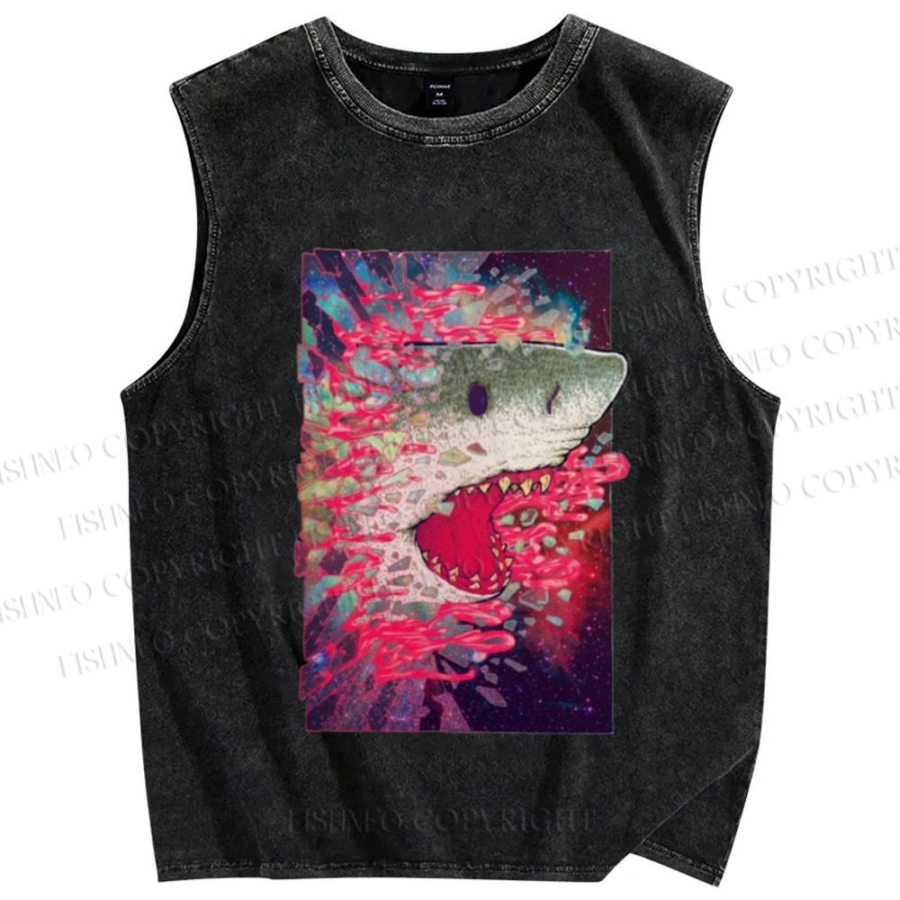 Unisex Shark Printed Washed Tank Top