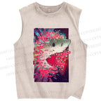 Unisex Shark Printed Washed Tank Top