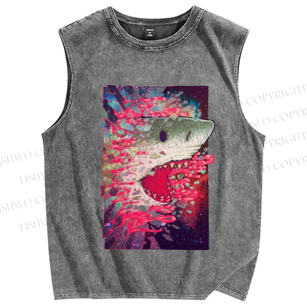 Unisex Shark Printed Washed Tank Top