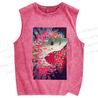 Unisex Shark Printed Washed Tank Top