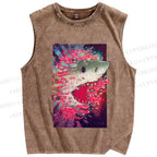 Unisex Shark Printed Washed Tank Top