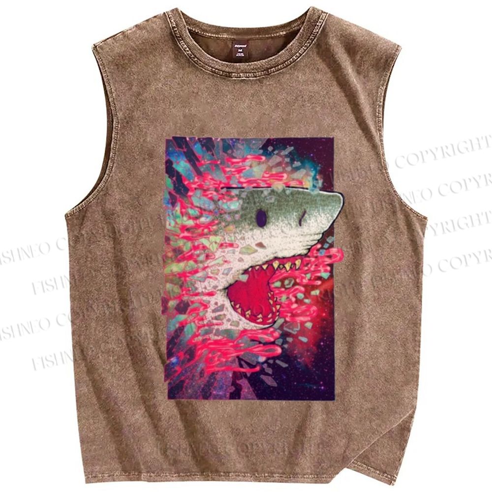 Unisex Shark Printed Washed Tank Top