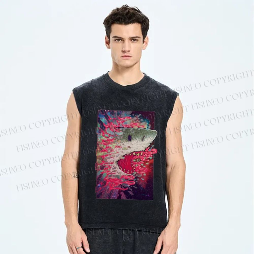Unisex Shark Printed Washed Tank Top