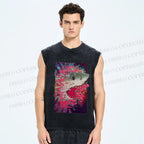 Unisex Shark Printed Washed Tank Top