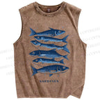 Unisex Sardines Printed Washed Tank Top