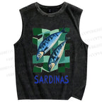 Unisex Sardines Printed Washed Tank Top