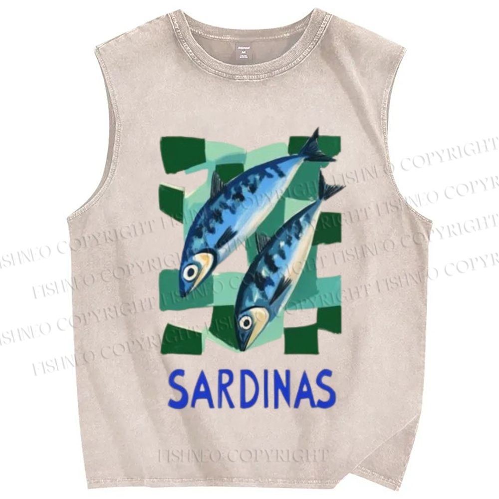 Unisex Sardines Printed Washed Tank Top