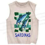 Unisex Sardines Printed Washed Tank Top