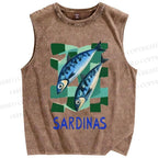 Unisex Sardines Printed Washed Tank Top