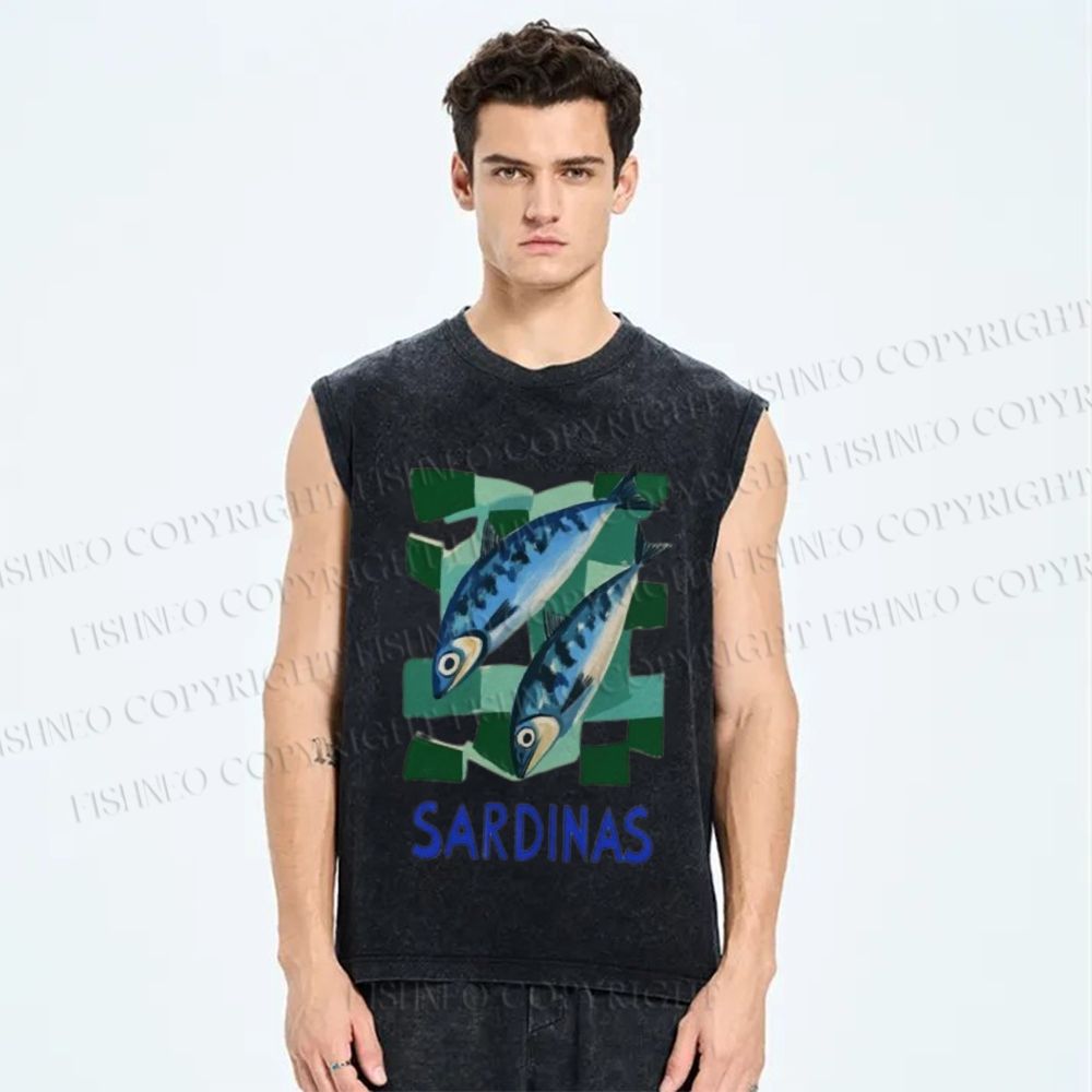 Unisex Sardines Printed Washed Tank Top