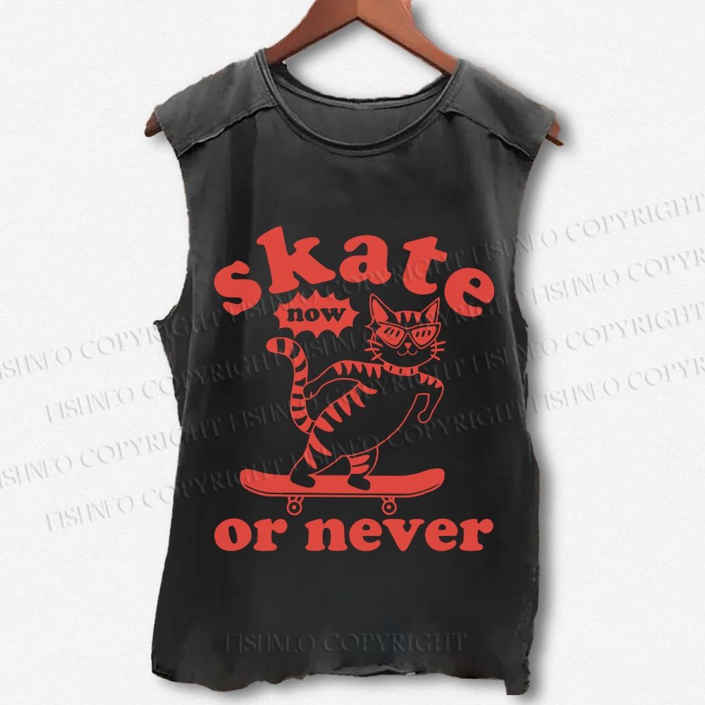 Unisex Skate Cat Now Or Never Printed Washed Tank Top