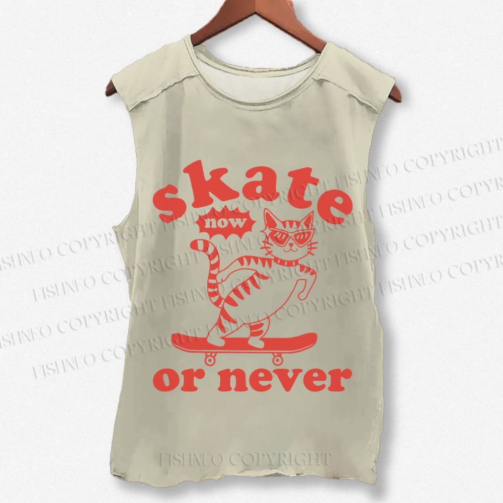 Unisex Skate Cat Now Or Never Printed Washed Tank Top