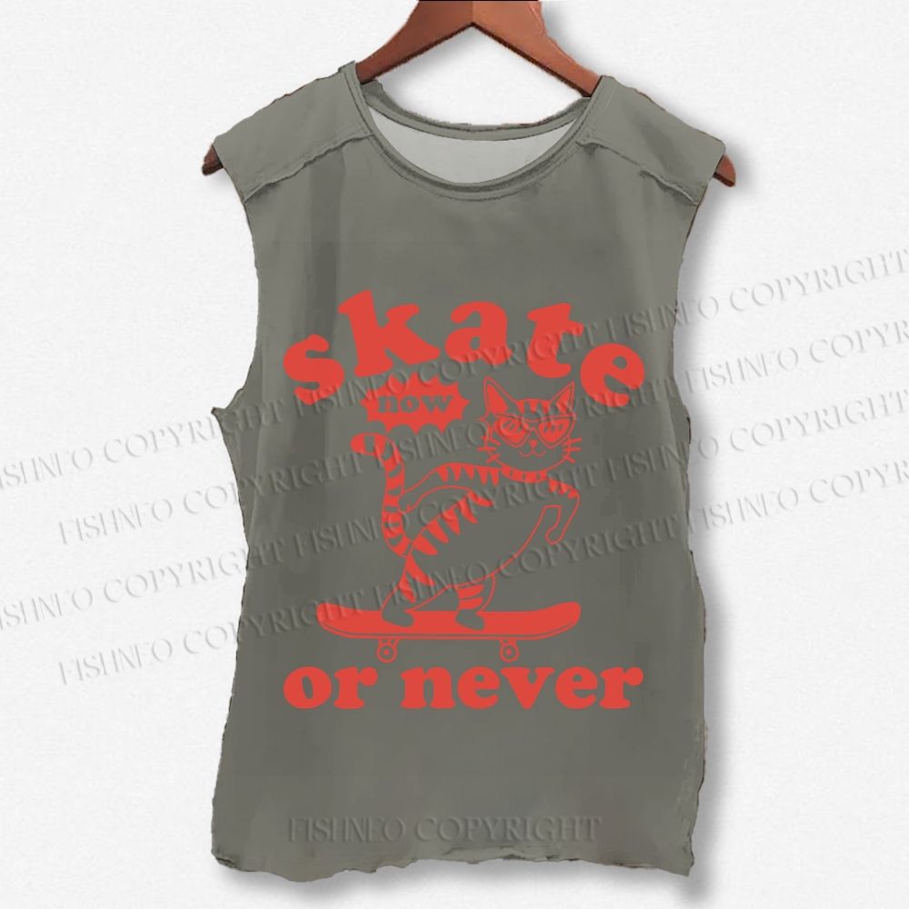 Unisex Skate Cat Now Or Never Printed Washed Tank Top