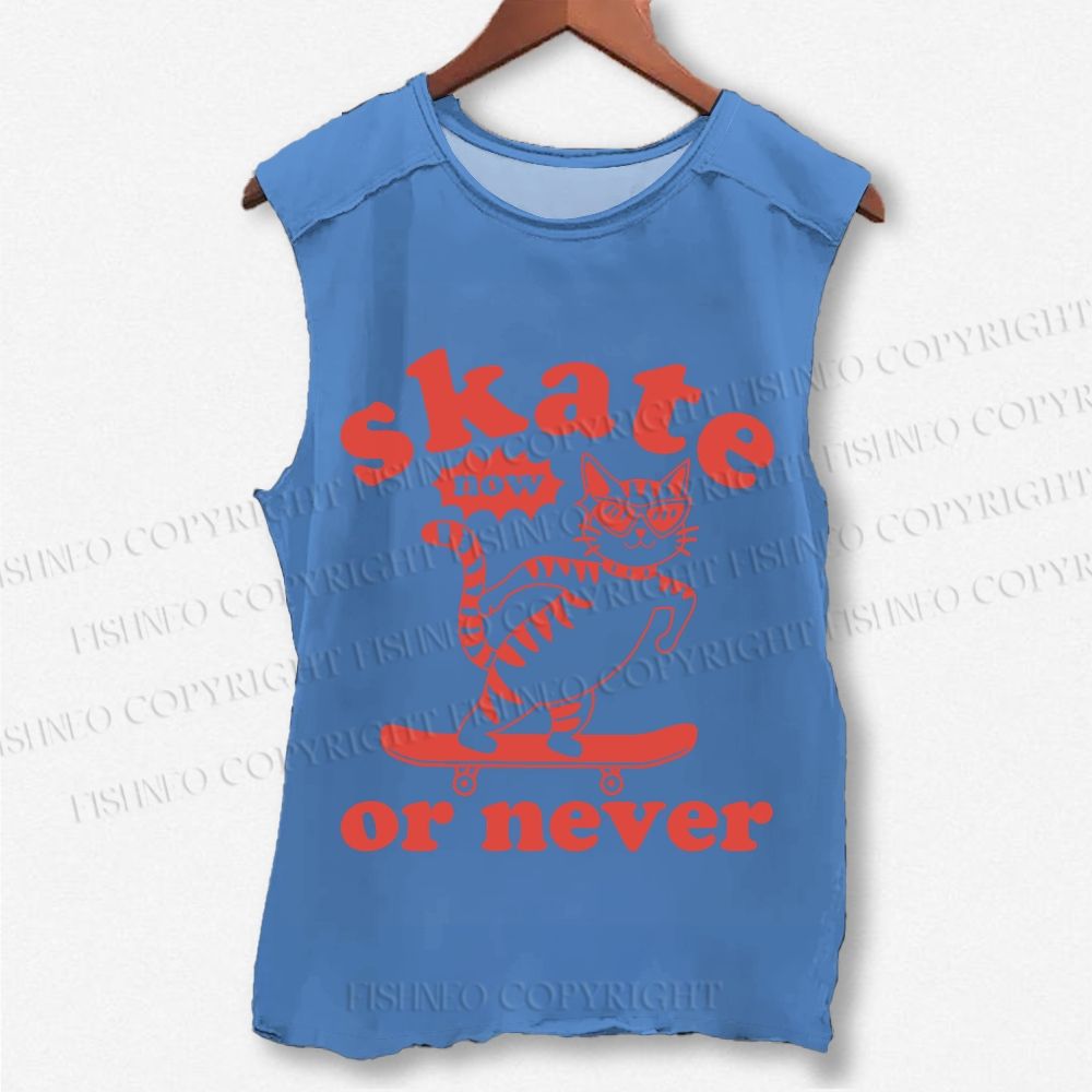 Unisex Skate Cat Now Or Never Printed Washed Tank Top