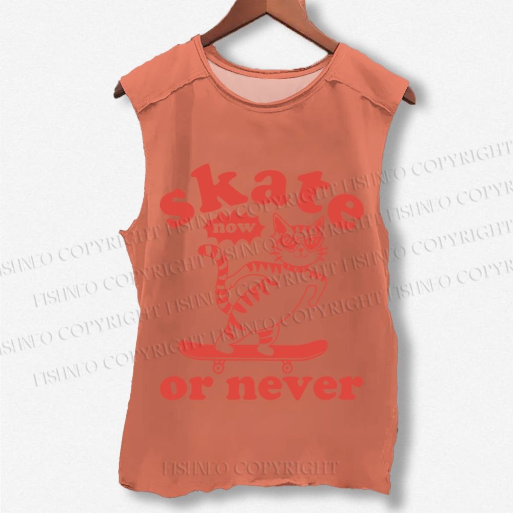 Unisex Skate Cat Now Or Never Printed Washed Tank Top
