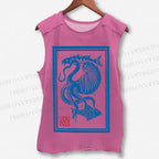 Unisex Vintage Octopus Sardine Fish Printed Washed Tank Top