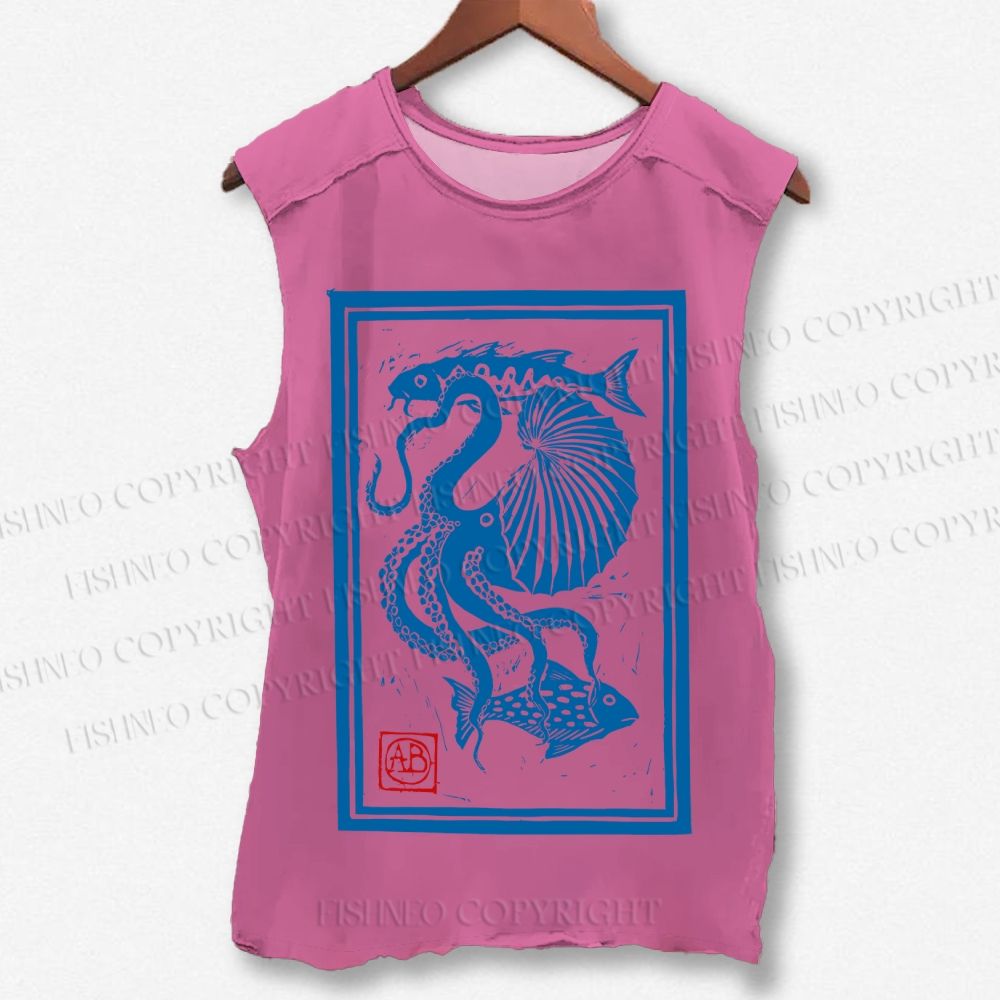 Unisex Vintage Octopus Sardine Fish Printed Washed Tank Top