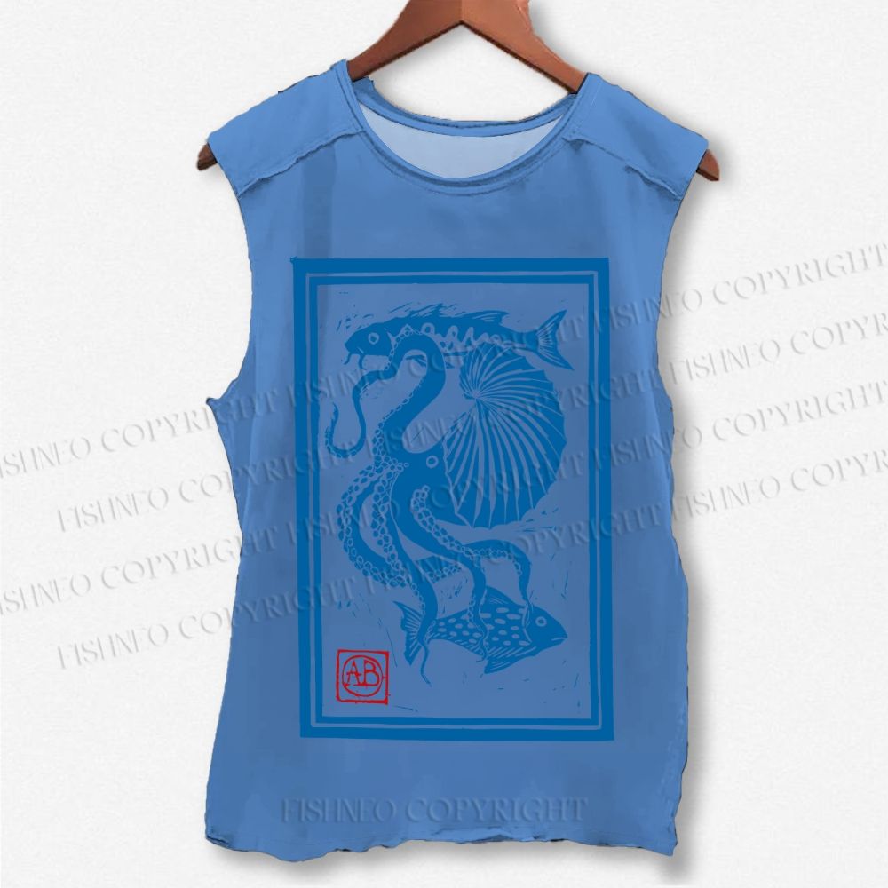 Unisex Vintage Octopus Sardine Fish Printed Washed Tank Top