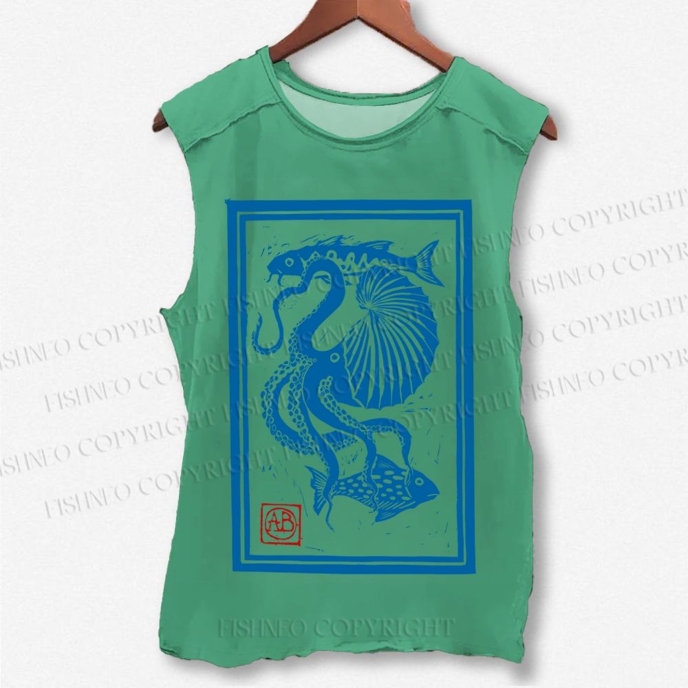 Unisex Vintage Octopus Sardine Fish Printed Washed Tank Top