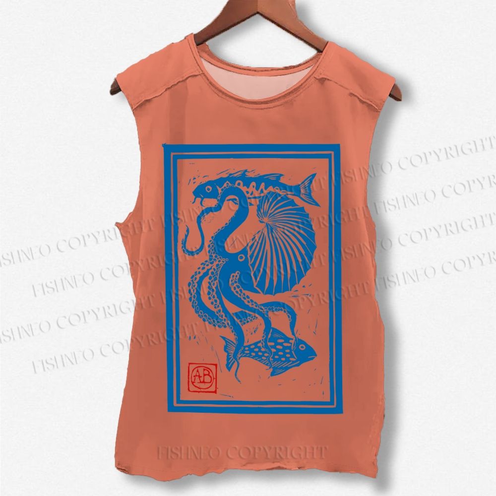 Unisex Vintage Octopus Sardine Fish Printed Washed Tank Top
