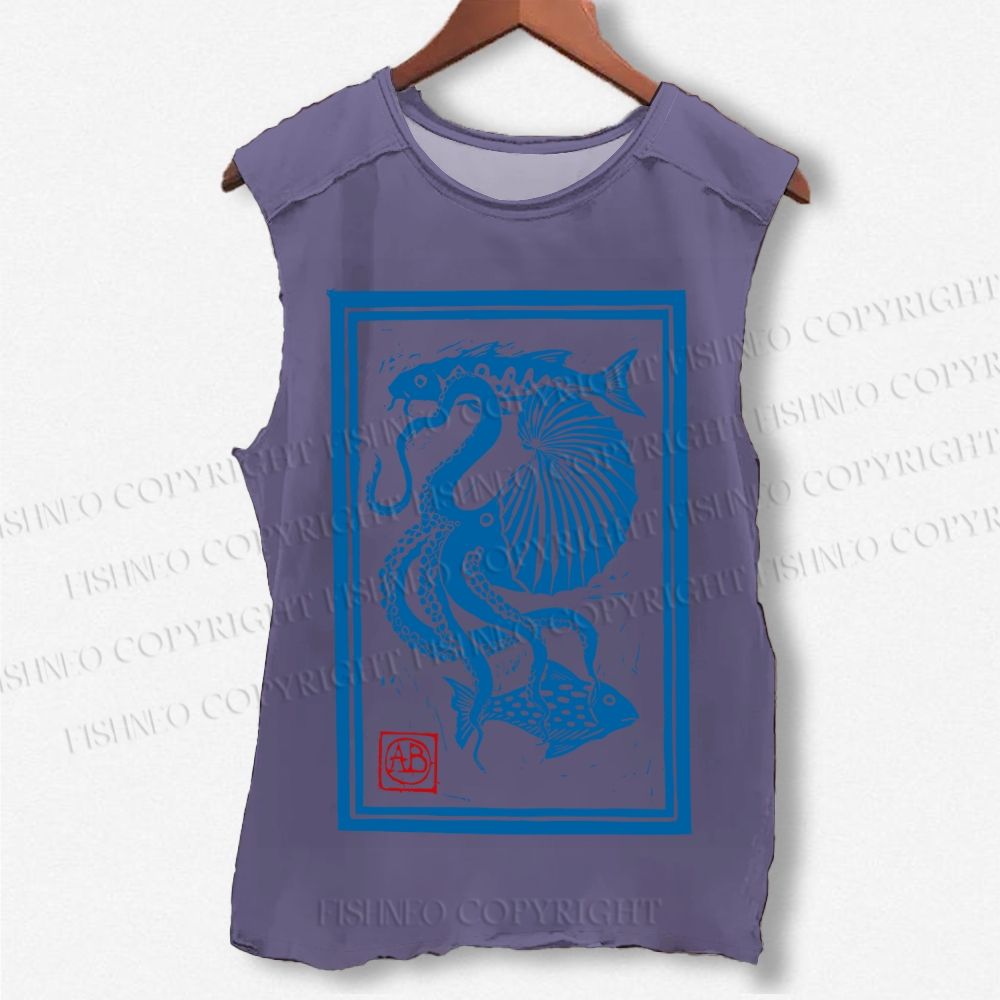 Unisex Vintage Octopus Sardine Fish Printed Washed Tank Top