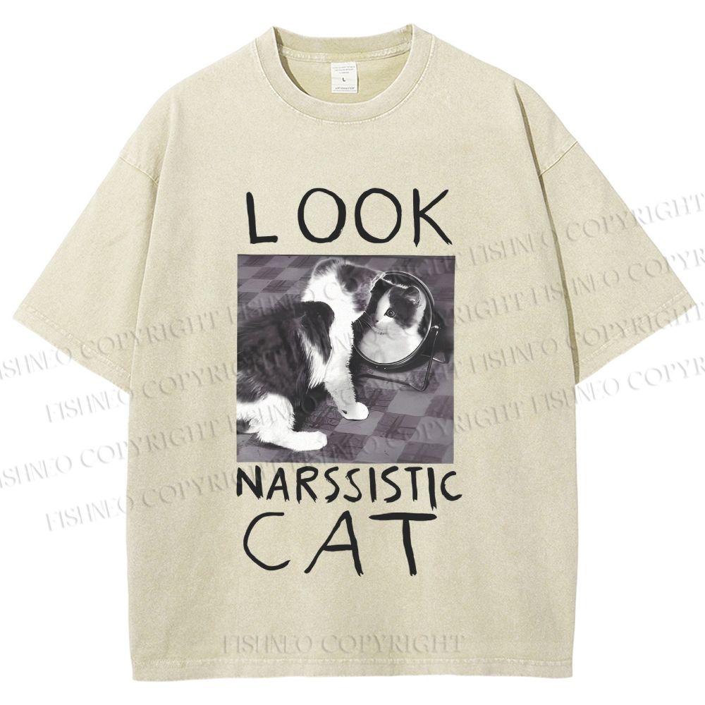 Unisex Cat Look Narssistic Printed Washed Tee