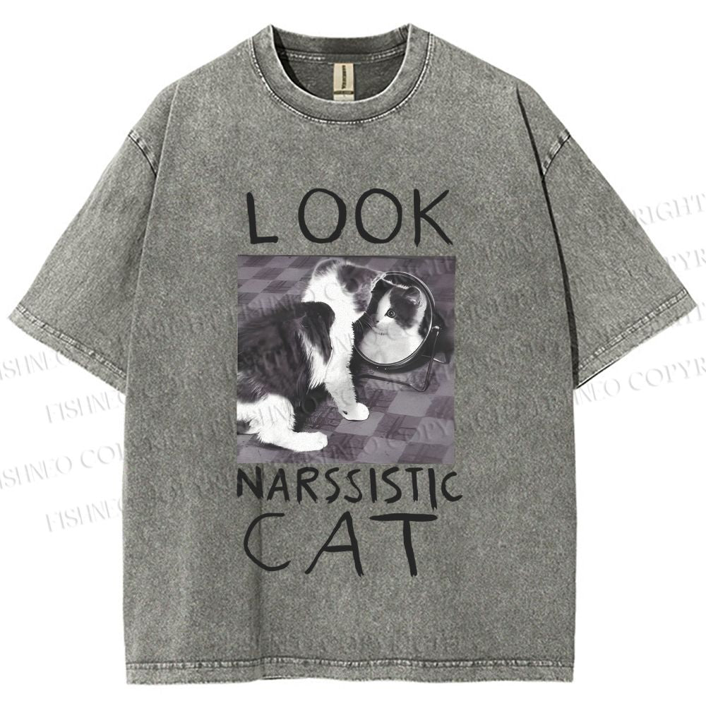 Unisex Cat Look Narssistic Printed Washed Tee