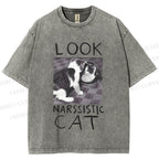 Unisex Cat Look Narssistic Printed Washed Tee