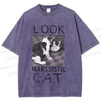 Unisex Cat Look Narssistic Printed Washed Tee