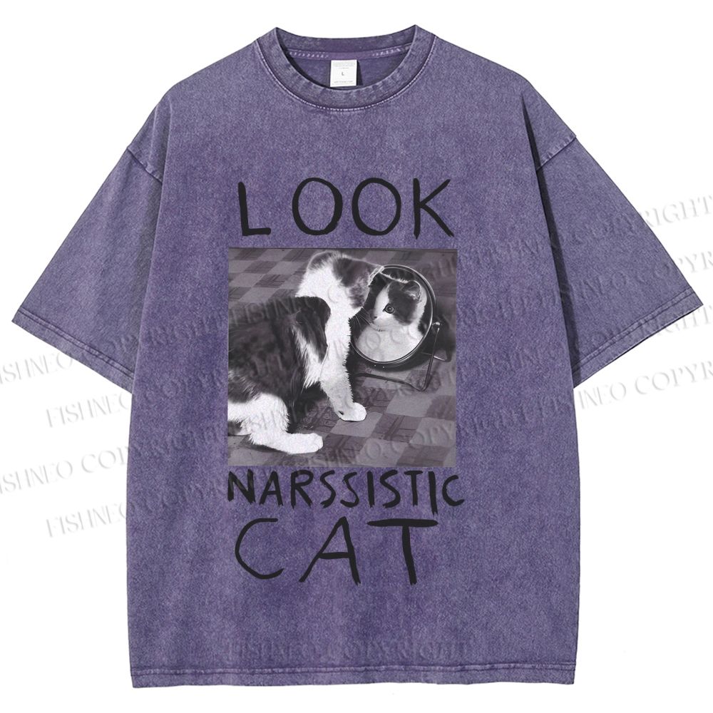 Unisex Cat Look Narssistic Printed Washed Tee