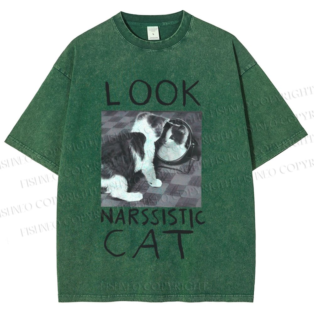 Unisex Cat Look Narssistic Printed Washed Tee