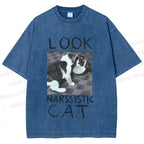 Unisex Cat Look Narssistic Printed Washed Tee