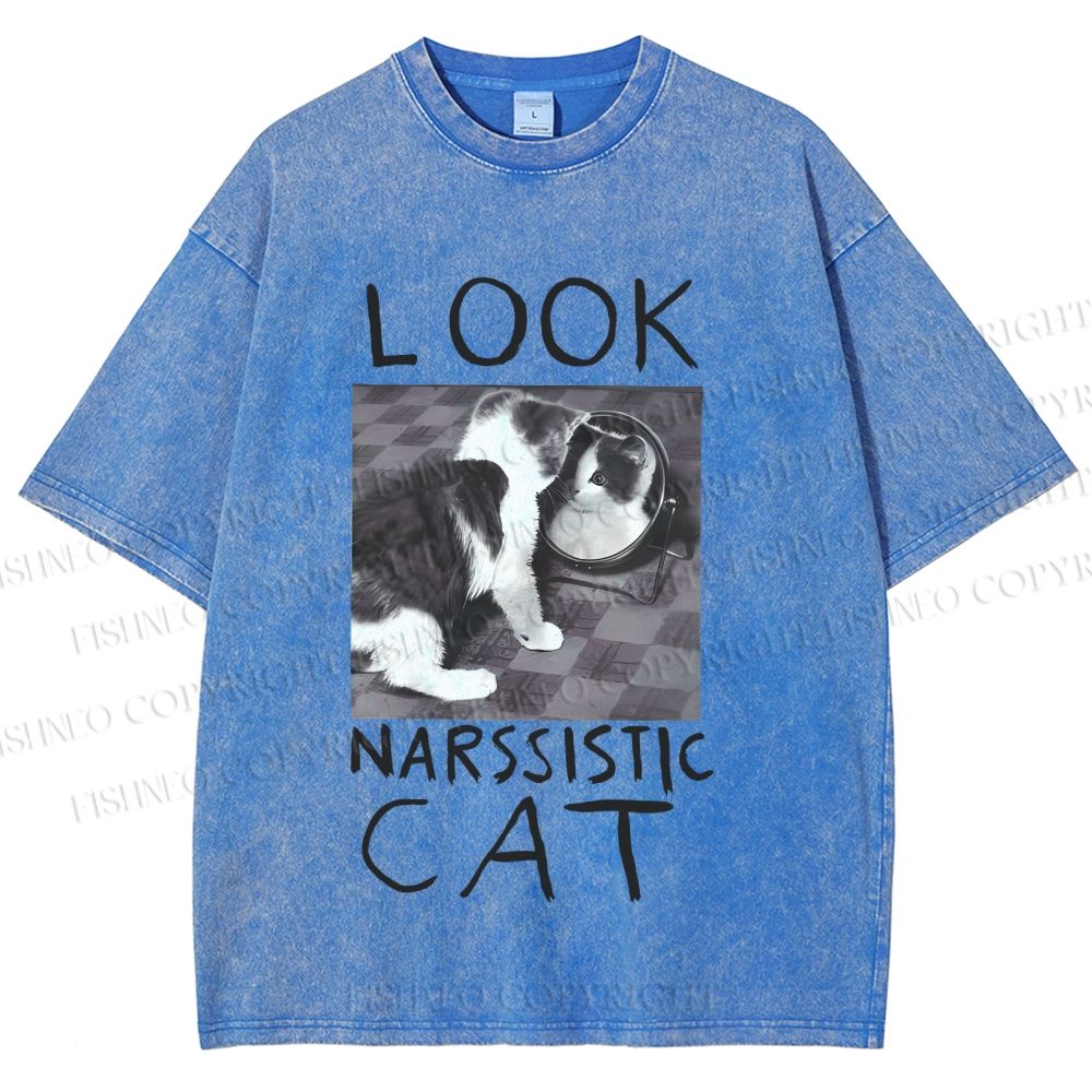 Unisex Cat Look Narssistic Printed Washed Tee