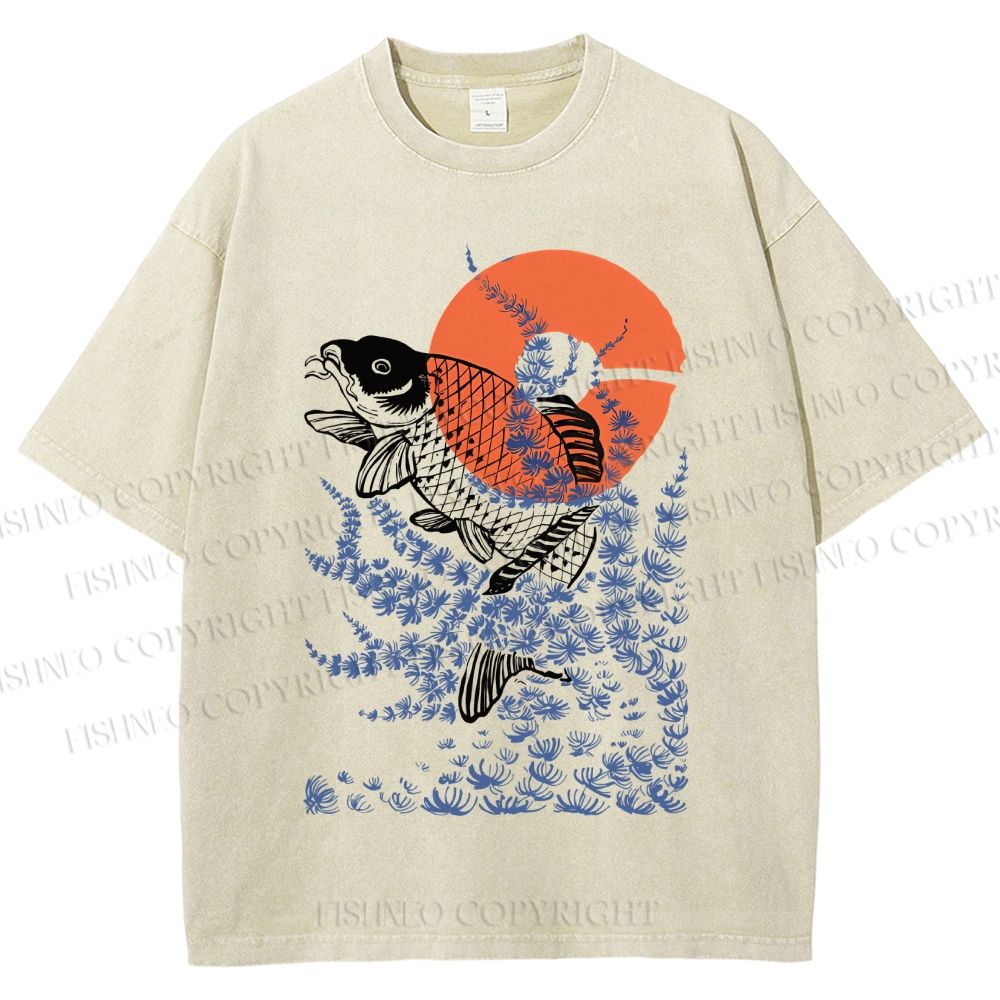 Unisex Vintage Japanese Art Style Fish Printed Washed Tee