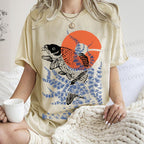 Unisex Vintage Japanese Art Style Fish Printed Washed Tee