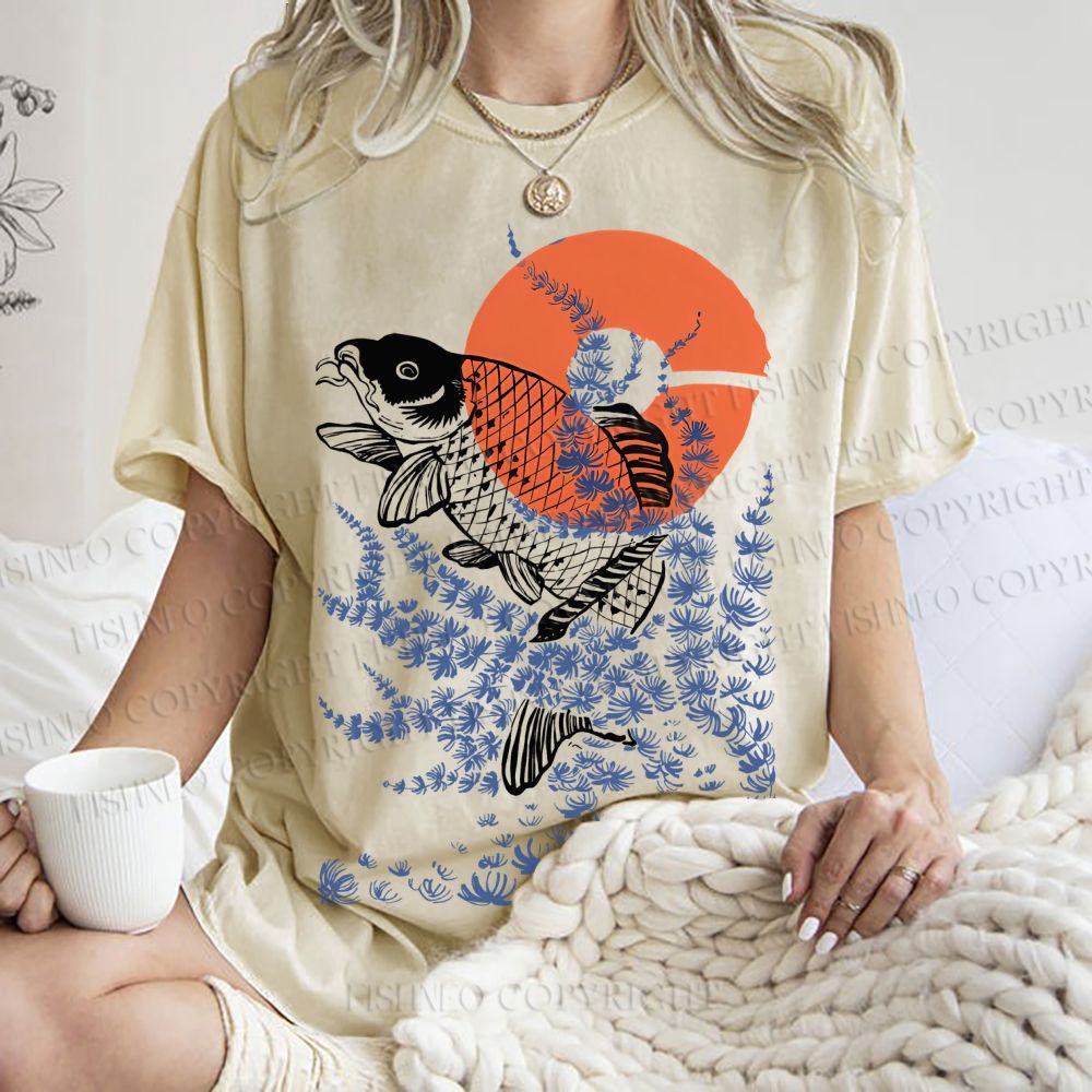 Unisex Vintage Japanese Art Style Fish Printed Washed Tee