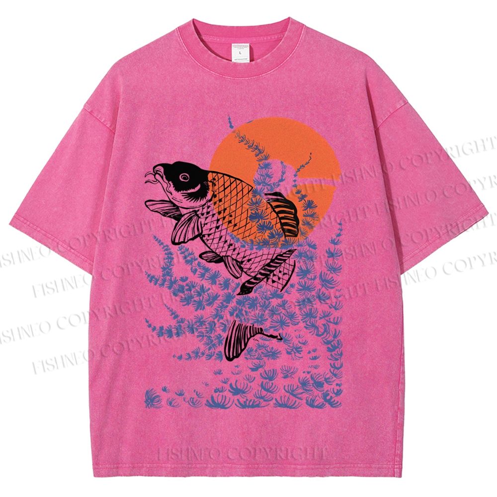 Unisex Vintage Japanese Art Style Fish Printed Washed Tee