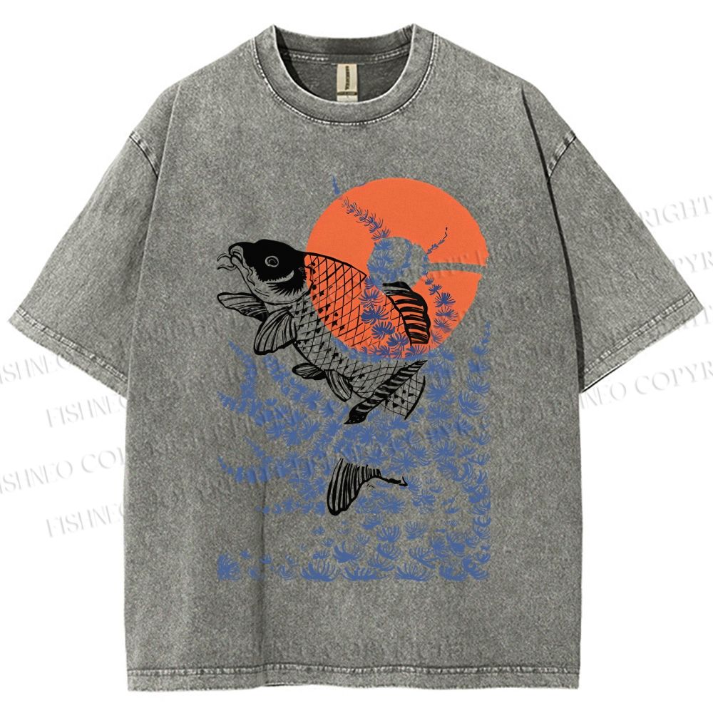 Unisex Vintage Japanese Art Style Fish Printed Washed Tee
