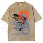 Unisex Vintage Japanese Art Style Fish Printed Washed Tee