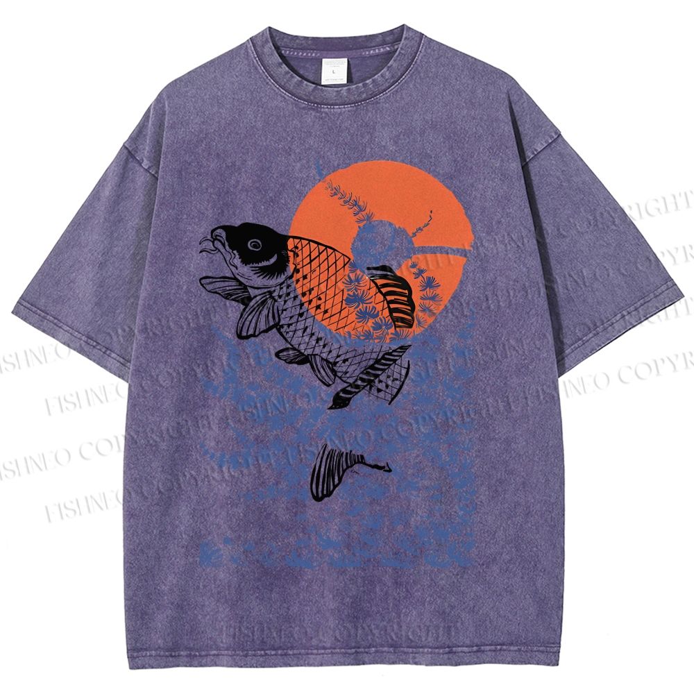 Unisex Vintage Japanese Art Style Fish Printed Washed Tee